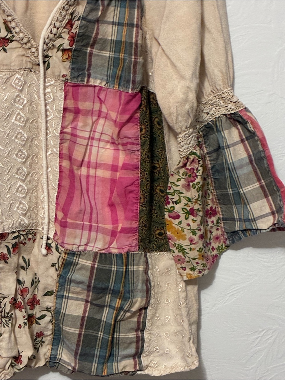 Young Threads Patchwork Bohemian Blouse Floral Plaid Crotchet Detail Small - Picture 5 of 10